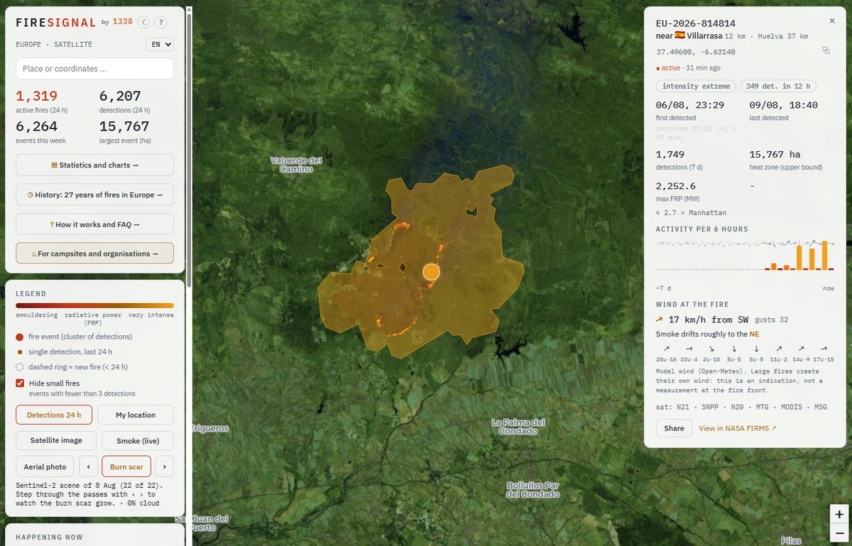 Sentinel-2-Aufnahme mit der Brandnarbe unter der Hitzezone